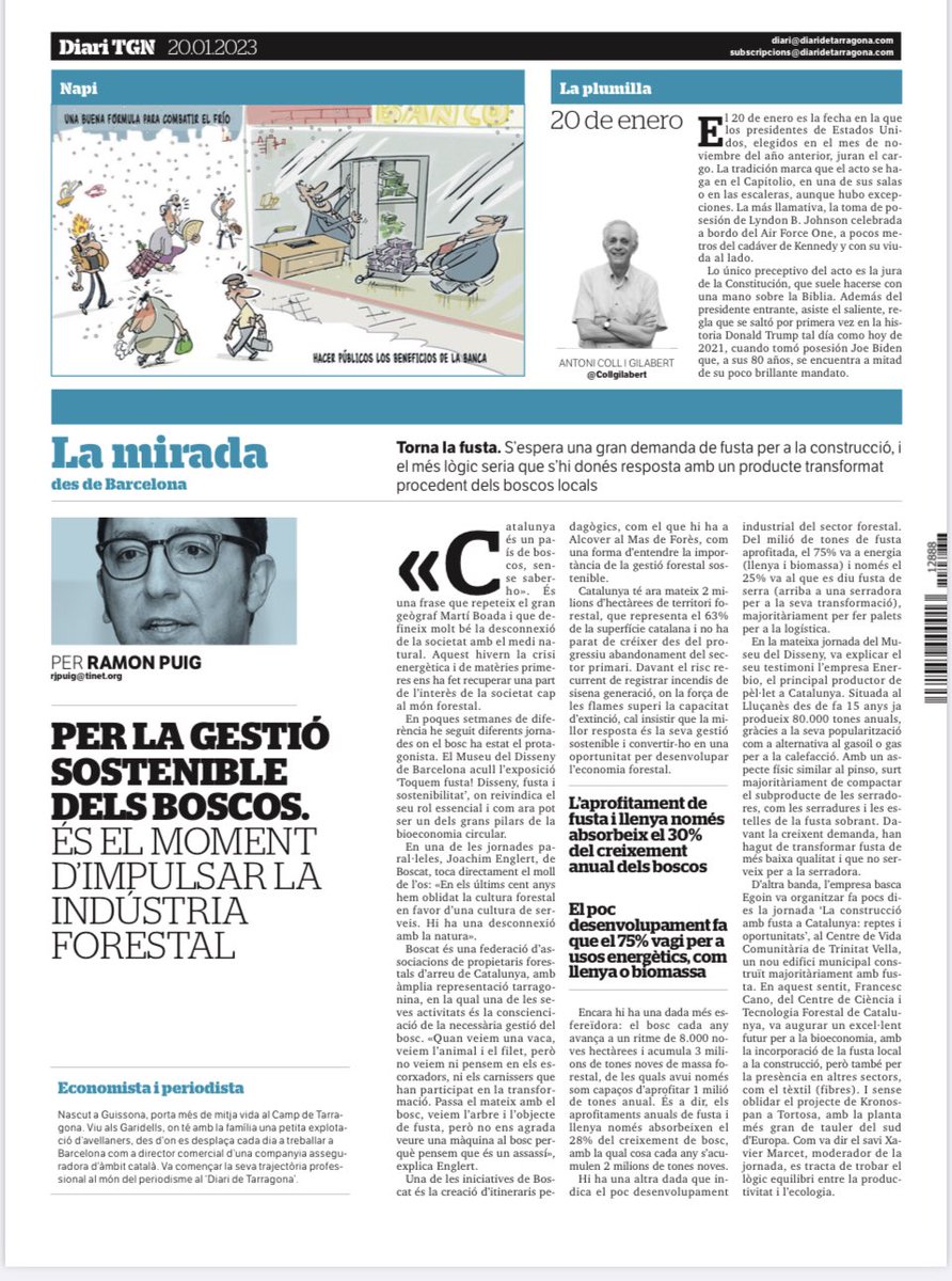 fedboscat's tweet photo. Ahir al @diaridtarragona 🗣️del gran potencial dels #boscos per generar #economia #verda i #circular. @Bioenergia_Cat @museudeldisseny @_egoin #bioconstruccio #canviclimatic #forestal https://t.co/lRMaYyOR1Z