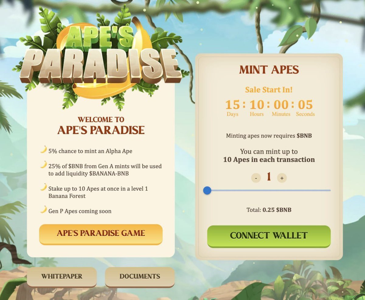 🚨Gem Alert🚨

Found news that the P2E Game Ape’s paradise will be minting soon. Sale would take place on Jan 25th.

Ape's Paradise is an exciting #Bsc game that gives players immersive and high quality gameplay.

Mint 👇:
 apesparadise.com
