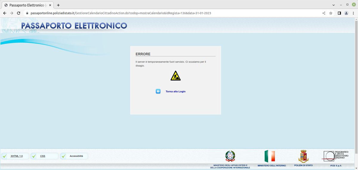 gbgallus's tweet image. Cara @poliziadistato e Ministro #Piantedosi, come è possibile che abbiate affidato la prenotazione dei #passaporti a un sito anni '90, che ti butta fuori senza ragione, costringendoti a ripetere il login? E' inutile che (finalmente) mostri date vicine, se non posso prenotare...