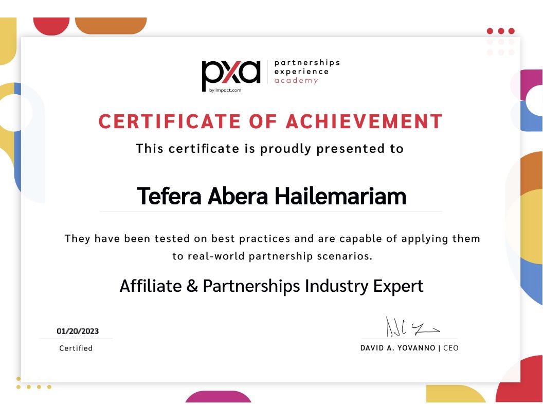 JIL_engineering's tweet photo. Mr. Tefera Abera is now a Partnerships Experience Academy certified expert in the affiliate and partnerships industry. Learn new skills by enrolling in this online university, which provides free courses and certifications. #LearnWithPXA. #MasterPartnerships #GetPXACertified https://t.co/XjLMesfISJ