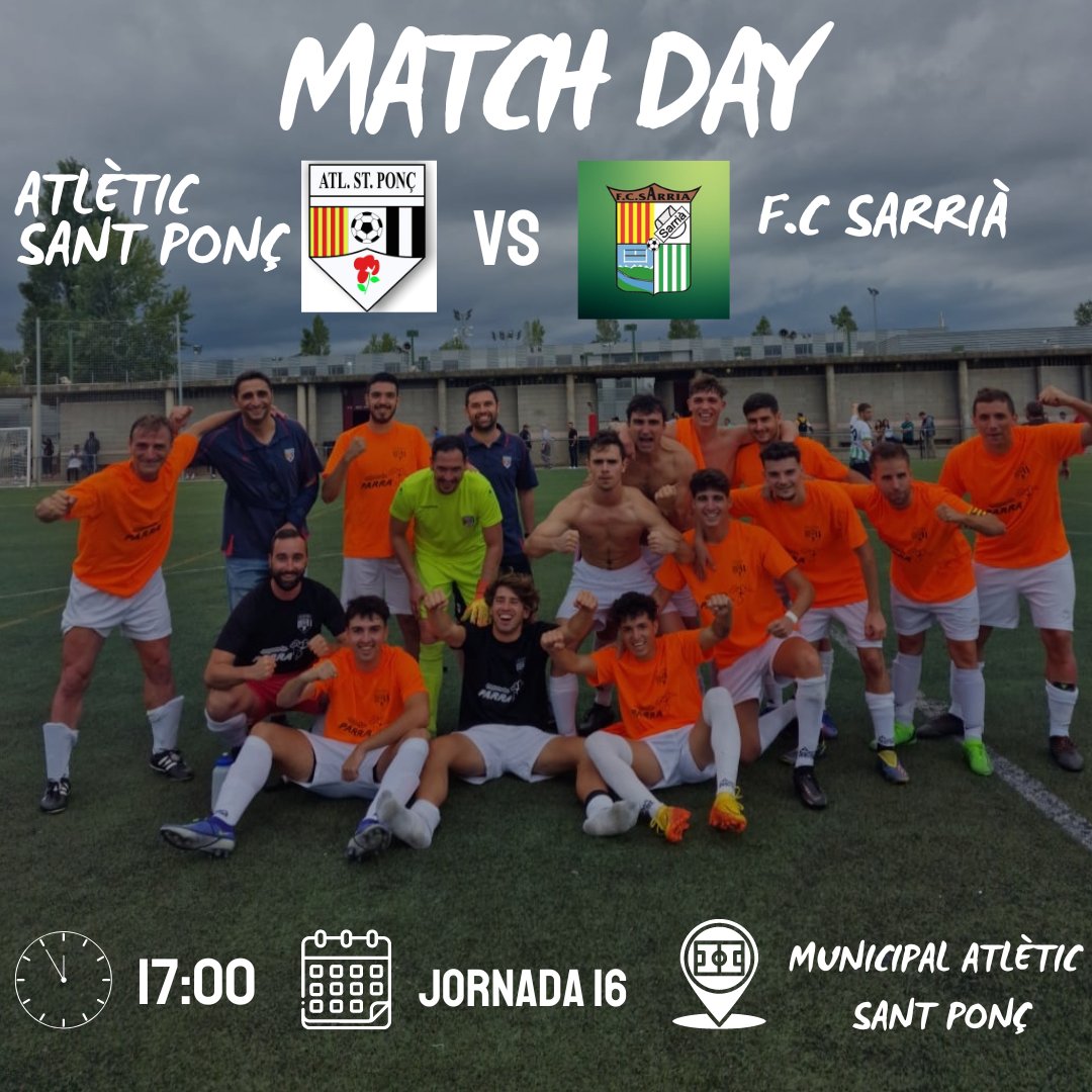 Día de partit! 

📆 Jornada 16
⏰ 17:00
🏟️ Municipal Atlètic Sant Ponç 
🆚 <a href="/FCSarria/">FC Sarrià De Ter</a> 

#fcf #3cat18