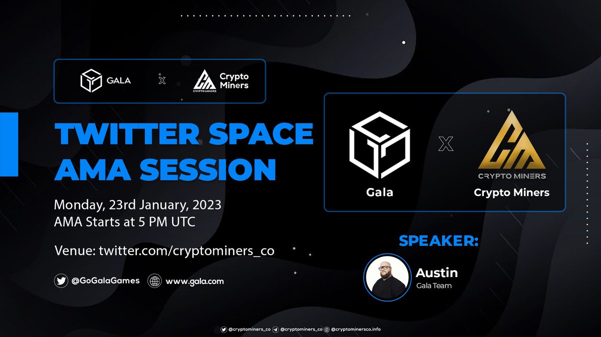 CryptoMiners_Co's tweet photo. 🎙️Join us for the special Twitter Space #AMA with Gala Games

🕰️ 23rd January at 5 PM UTC
🎙️Guest: @BitBenderBrink
🎁 2 NFT

📌 Set reminder: https://t.co/GZhXwax0N4

〽️Rules:
1⃣ Follow @Cryptominers_co &amp; @GoGalaGames 
2⃣ Like &amp; RT
3⃣ Comment Qs
#GALA #Metaverse #NFT #Blockchain https://t.co/bTzkzgyaxU