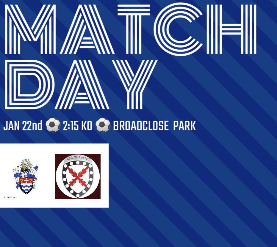 💙BACK AT BROADCLOSE💙

Today we welcome <a href="/AFCSTAUSTELL/">AFC St Austell</a> to Broadclose in the <a href="/swpleague/">WALTER C. PARSON PENINSULA LEAGUE</a> for a 2:15 KO, pitch a bit frozen in places but a bit of work up there this morning, should all be fine! See you all there ⚽️💙

<a href="/swsportsnews/">South West Sports News</a> <a href="/markarenh/">Mark H</a> <a href="/KJMsport57/">Kevin Marriott</a> <a href="/Cornishfootball/">Dave Deacon</a>