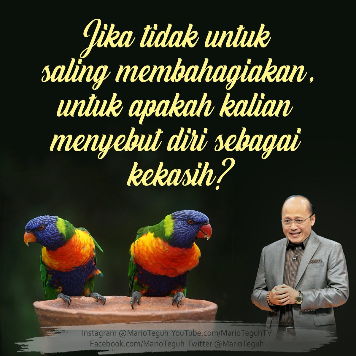 marioteguh's tweet photo. Kata Penting di Sabtu pagi ini:
SETIA DAN KESETIAAN

1. Sesungguhnya, kasih sayang di hatimu adalah tanda kebesaran masa depanmu. Maka, setialah kepada hati baikmu.

2. Jatuh cinta itu mudah, tapi untuk tetap mencintai dengan setia - bukan kemampuan orang yang tidak baik hatinya. https://t.co/uBr4N3tL1Q