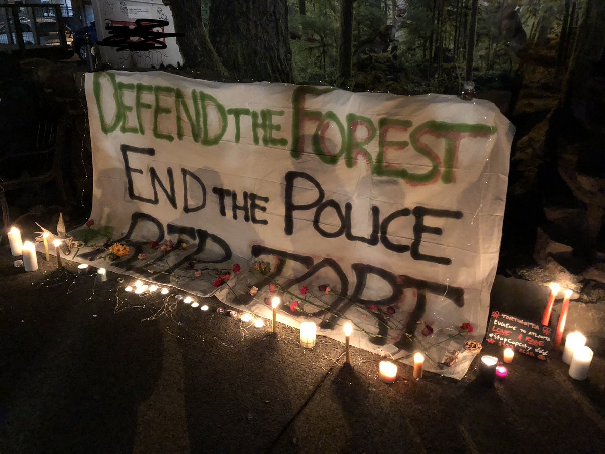 Solidarity from Eugene to Atlanta. Eugene vigil for Tortuguita, the Atlanta forest defender killed by police this week. 
Stop cop city! We are all forest defenders!