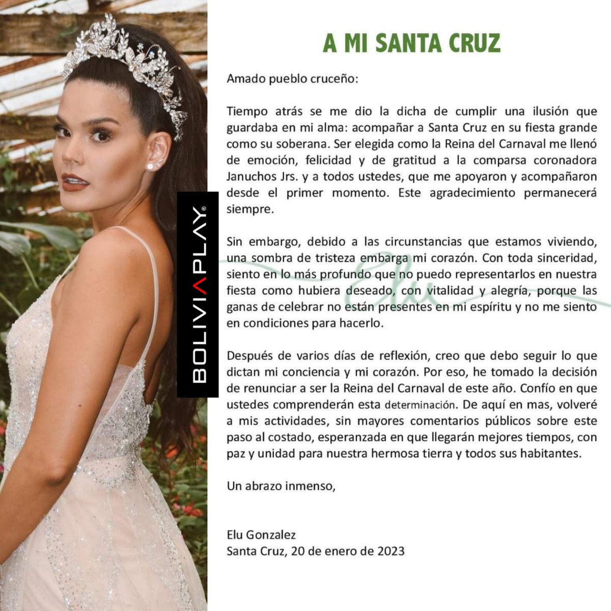 👑😱"He tomado la decisión de renunciar a ser Reina del carnaval de este año" dice #EluGonzales debido a las circunstancias que estamos viviendo. Tambien indica que no brindará mas comentarios públicos sobre el tema!😱👑