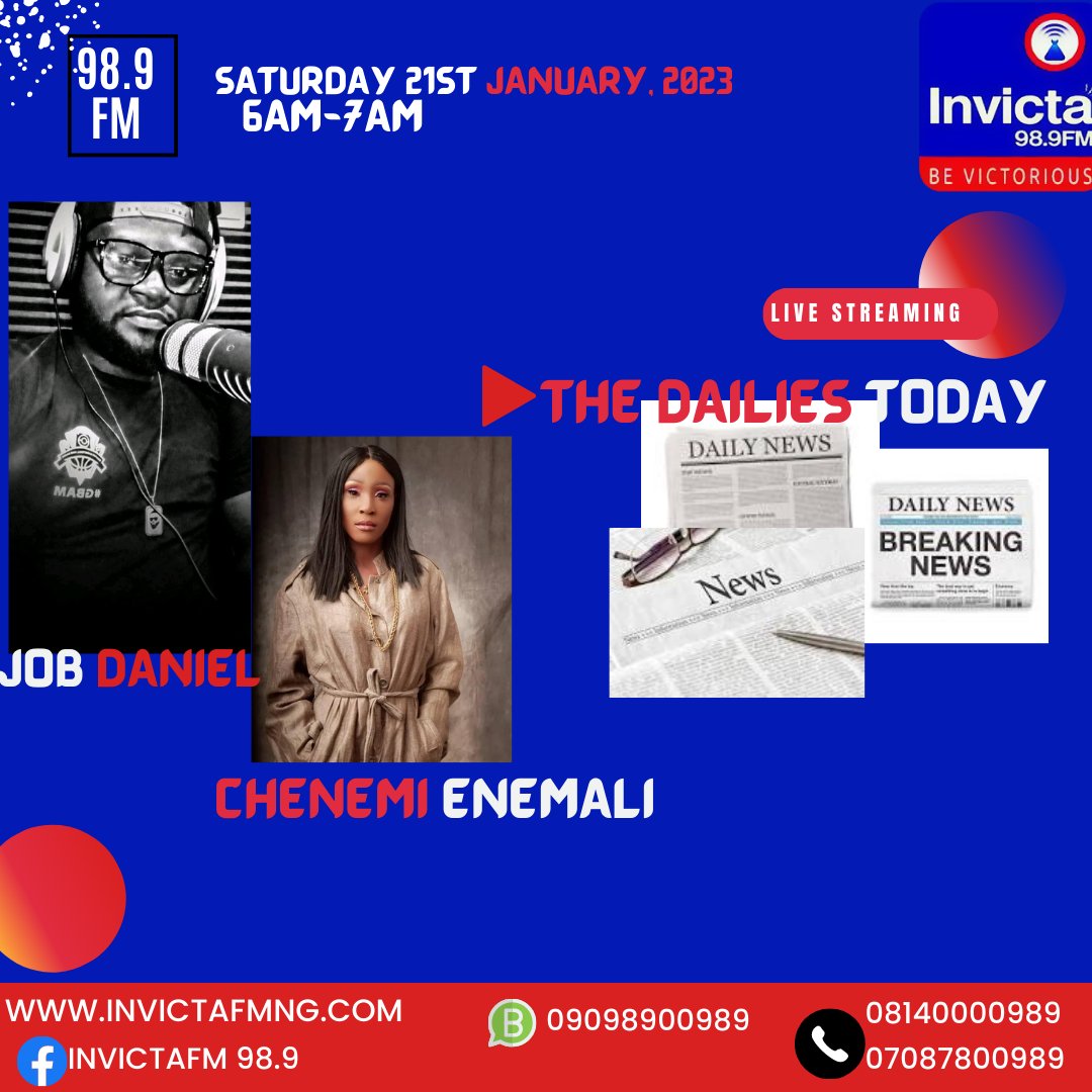 invictafm989's tweet photo. @invictafm989

#INVICTAFM989
#2023 #WEEKENDSPLASH #SATURDAY  with @Joebee_daniel &amp; @ITSD_VYCE

NOW Airing🔥
THE DAILIES TODAY WITH 
@Joebee_daniel &amp; @ITSD_VYCE
LIVE ON https://t.co/Nw03YTMzzK https://t.co/NQ7lycpaTS