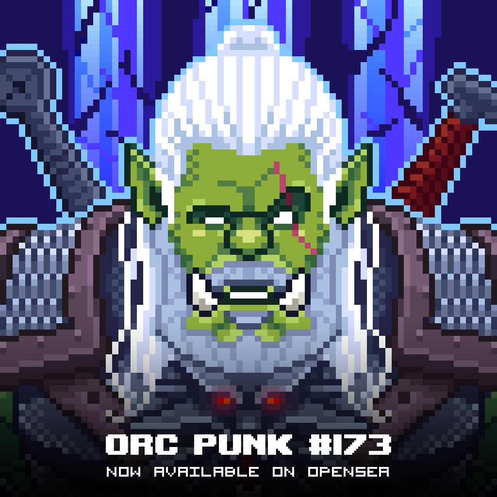 New drop! Orc Punk 173 now available on <a href="/opensea/">OpenSea</a>

#nft #nftcommunity #pixelarts #polygonnft #opensea