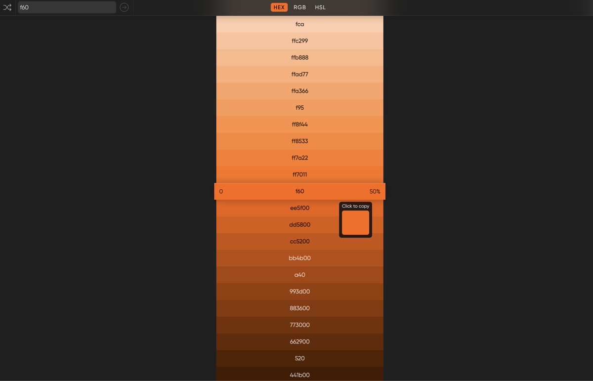 カラーコードを入力するとベースのカラーから明暗差を段階的につけてカラーパレットを作ってくれるサイト教えてもらった
0to255.com