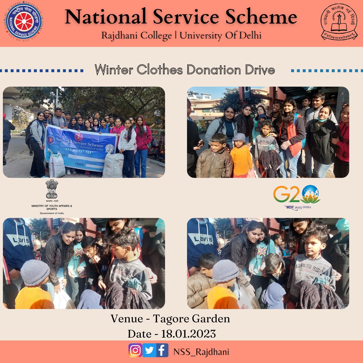 NSS_Rajdhani's tweet photo. @NSS_Rajdhani successfully completed the Winter Cloth collection and Donation drive on 18th Jan in Tagore garden. "Giving is the greatest act of grace."
#nss @YASMinistry https://t.co/3AsPJLetXU