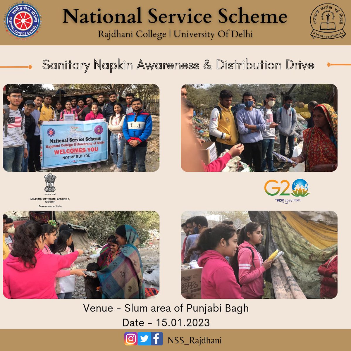 NSS_Rajdhani's tweet photo. @NSS_Rajdhani completed a three-day awareness campaign on the topic 'Menstrual Health'
 This campaign ran from 12 Jan to 14 Jan.Its main objective was to distribute maximum number of sanitary napkins in the slums around the college and to create awareness on Period Hygiene. https://t.co/MSLuYAepCY