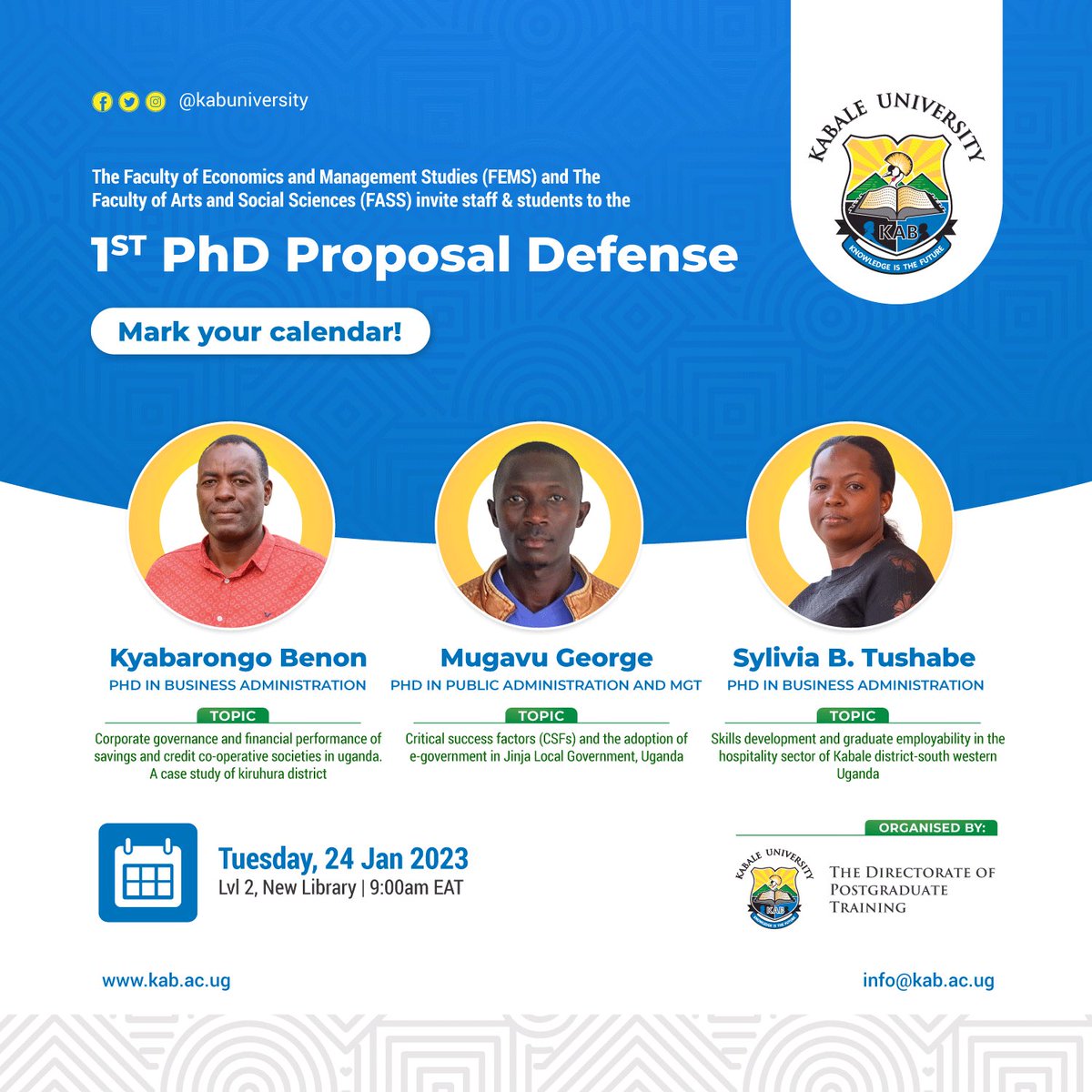 We are Congratulating our first cohort of PhD students upon reaching the stage of defending their Proposal. The session will be on Tuesday 24th at the main Campus, Kikungiri.