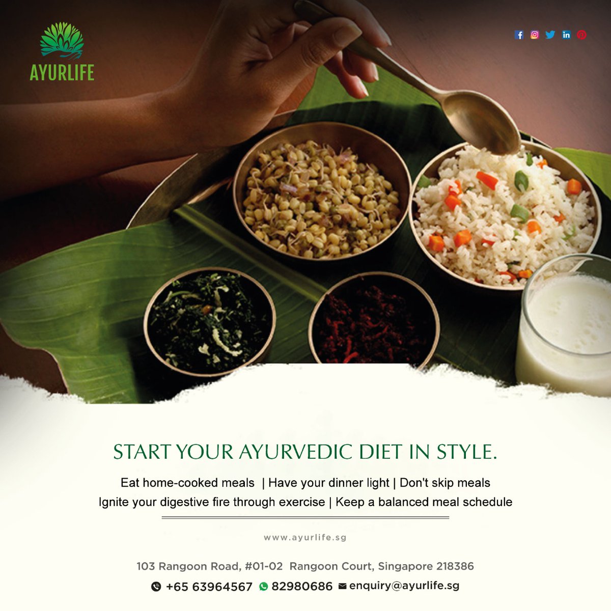 By following a regular food plan, you can style and start your Ayurvedic diet for balanced healthy living.

#health #tip #ayurlife #ayurvedic #life #healthy #Singapore #ayurvedalife #healthylife #digestion #foodielife #foodlover #foodstylist #dieting #diettips #dietchallenge