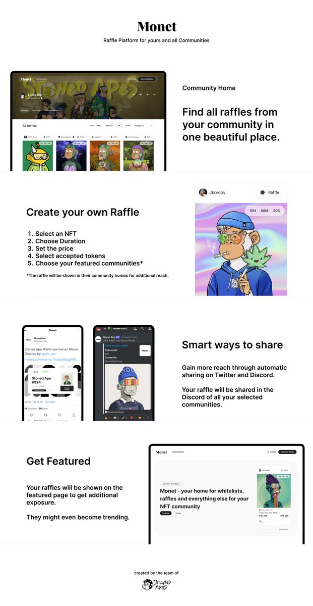 Monkai (@monkainft) on Twitter photo There are live raffles on our community page on <a href="/MonetSAC/">Monet | Community, Raffles, and Solana</a>. Link below. Please feel free to try out the platform. You can host your own raffles 🎫 and pick the communities you're in. Or just grab yourselves some tickets if you're feeling lucky 🍀
monet.community/p/monkai There are live raffles on our community page on <a href="/MonetSAC/">Monet | Community, Raffles, and Solana</a>. Link below. Please feel free to try out the platform. You can host your own raffles 🎫 and pick the communities you're in. Or just grab yourselves some tickets if you're feeling lucky 🍀
monet.community/p/monkai