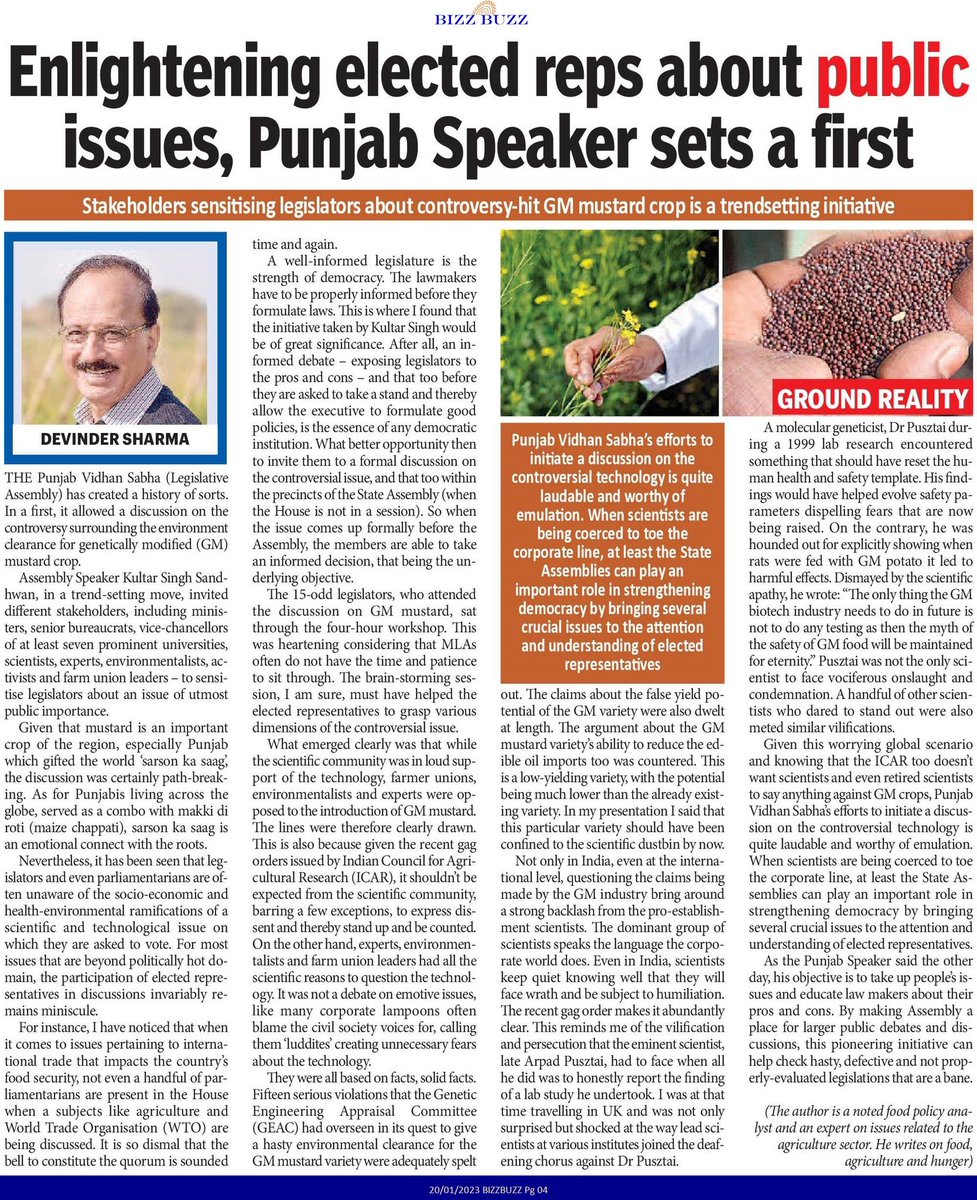 Devinder_Sharma's tweet photo. In a trend-setting move, Punjab Speaker @Sandhwan organised a discussion involving all stakeholders to sensitize the legislators about the controversy-hit #GMMustard crop. A well-informed legislature is the strength of democracy. https://t.co/x38mK6HVTO https://t.co/w7eZnk6sM0