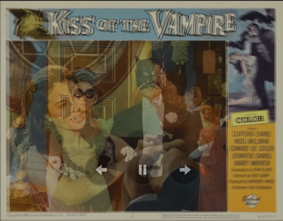 my camera snapped a picture during a reel* of #lobbycards for the 1963* film #kissoftheVampire these are already some of the coolest lobby cards ever(esp the one w the party masks)anyways cool effect check it out.
