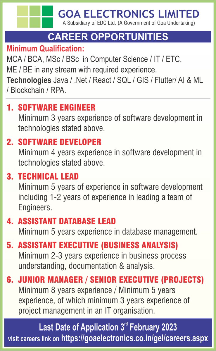 GoaElectronics's tweet photo. We are Hiring!!!
Goa Electronics Limited (GEL), a Public Sector Undertaking, Government of Goa is on a hunt for IT professionals. Send your CV right away.
 #jobs #goaelectronicslimited #ITjobs #GoaGovt 
#Java #Dotnet #Sql #Reactjs #GIS #Flutter #AL #ML
#Blockchain #RPA #Devops https://t.co/upufiq32A4