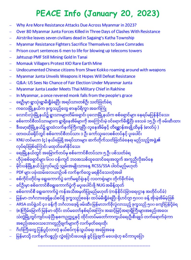 pyidaungsu's tweet photo. နေ့စဉ်သတင်းစုဆောင်းမှု
ေန႔စဥ္သတင္းစုေဆာင္းမွု
PEACE Info (January 20, 2023)
https://t.co/BIEspQu6pA https://t.co/Z8xfA72NXt