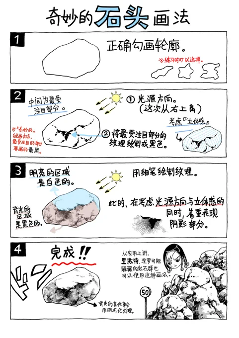 以前アップした、荒木先生から教わった「奇妙な石の描き方」を中国語翻訳しました。中国語ムズ…。
翻訳監修:劉洋

(之前发布,荒木老师那里学到的「奇妙的石头画法」我把这个翻译成中文。中文很难…。翻译监督:劉洋) https://t.co/Mi5gqngUvE 