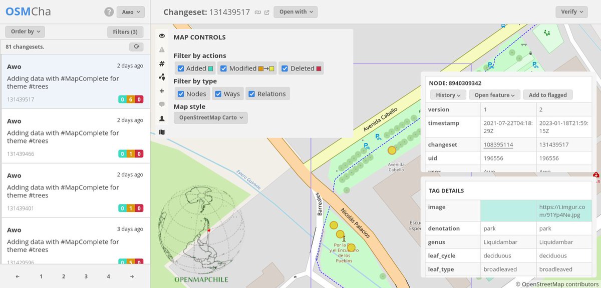 openmapchile's tweet photo. 🌲🌳🌴📌📸🗺️🇨🇱 #ArboladoUrbano en #SantaCruz #Colchagua #OpenStreetMap tag: natural=tree #AUPV #OSMCha 👉🛠️⚙️herramienta web que permite a los mapeadores analizar y revisar cambios en los datos de #OSM https://t.co/tEUeR1xk29? https://t.co/IzZtU7khdT