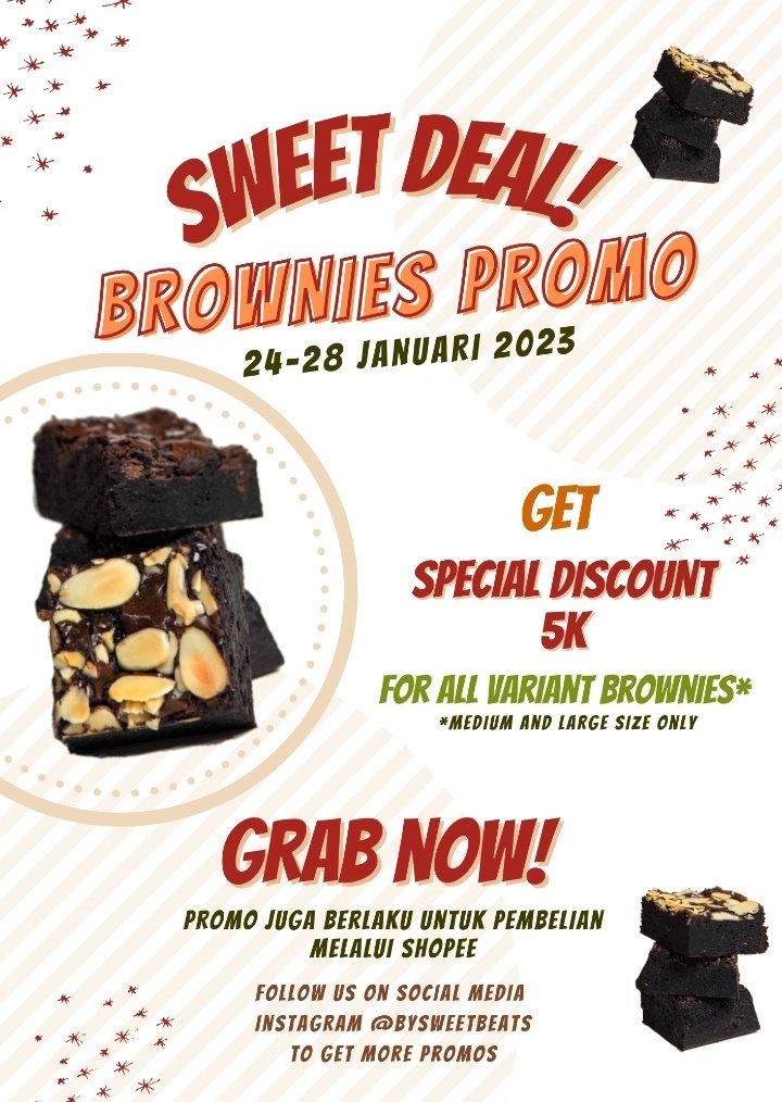 Bismillaah..
Sweet Deals!
Get special discount 5k/box for all variant Brownies.

Grab yours!
Enjoy our brownies 🥰

Sweetbeats
Klaten - Jawa Tengah

#brownies #browniespanggang #browniesklaten #browniesenak #gift #smallbusiness #promobrownies