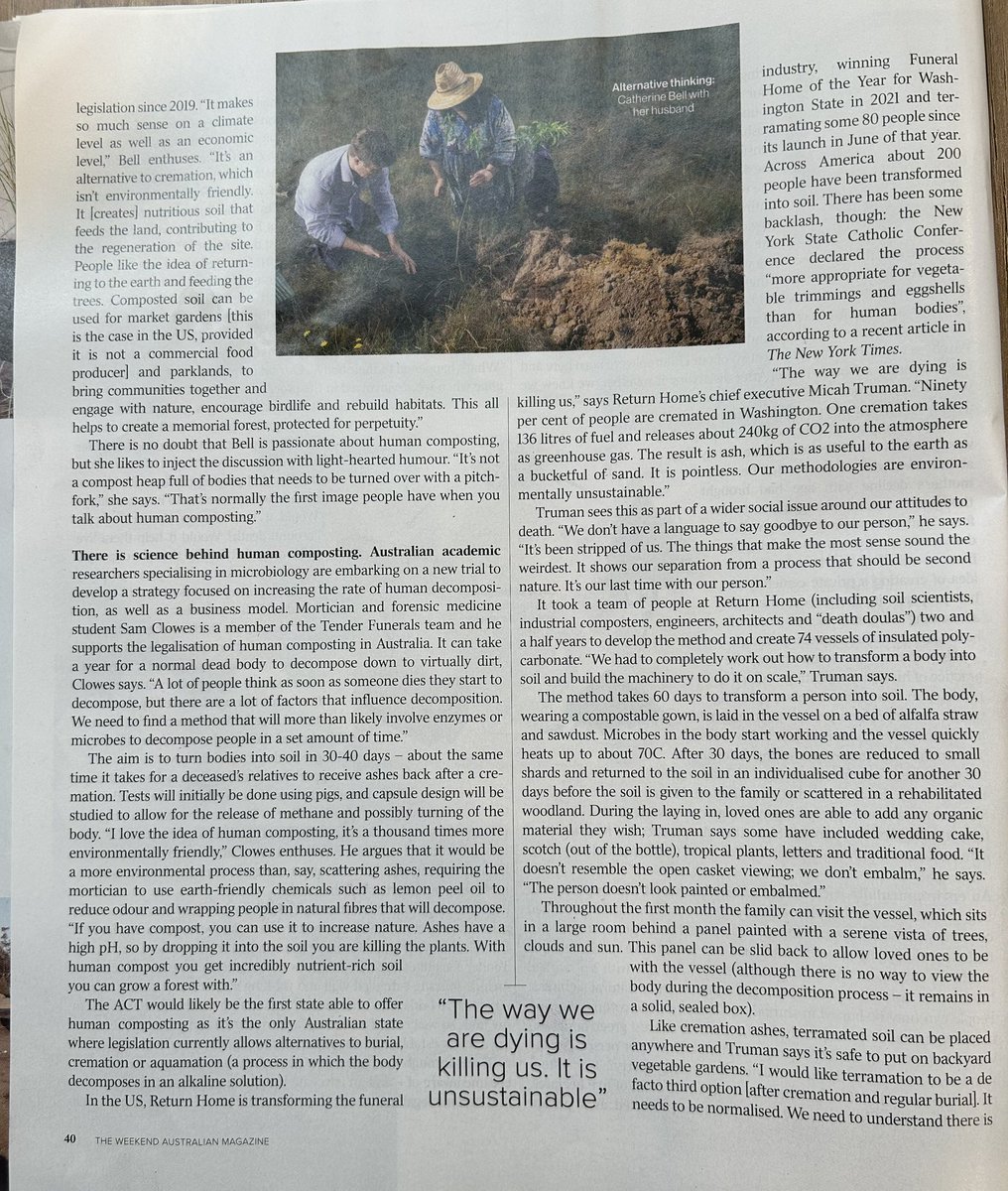 jess_marnich's tweet photo. A friend who knows my interest in the latter #BeginningOfLife - #EndOfLife bookend, pointed me to #WeekendAustralian piece by #CindyLever re burial options

From #CatherineBell @TenderCanberra -
“..death walker training was prompted by my work as a birth doula..” Fascinating https://t.co/1dyIiE1f2k