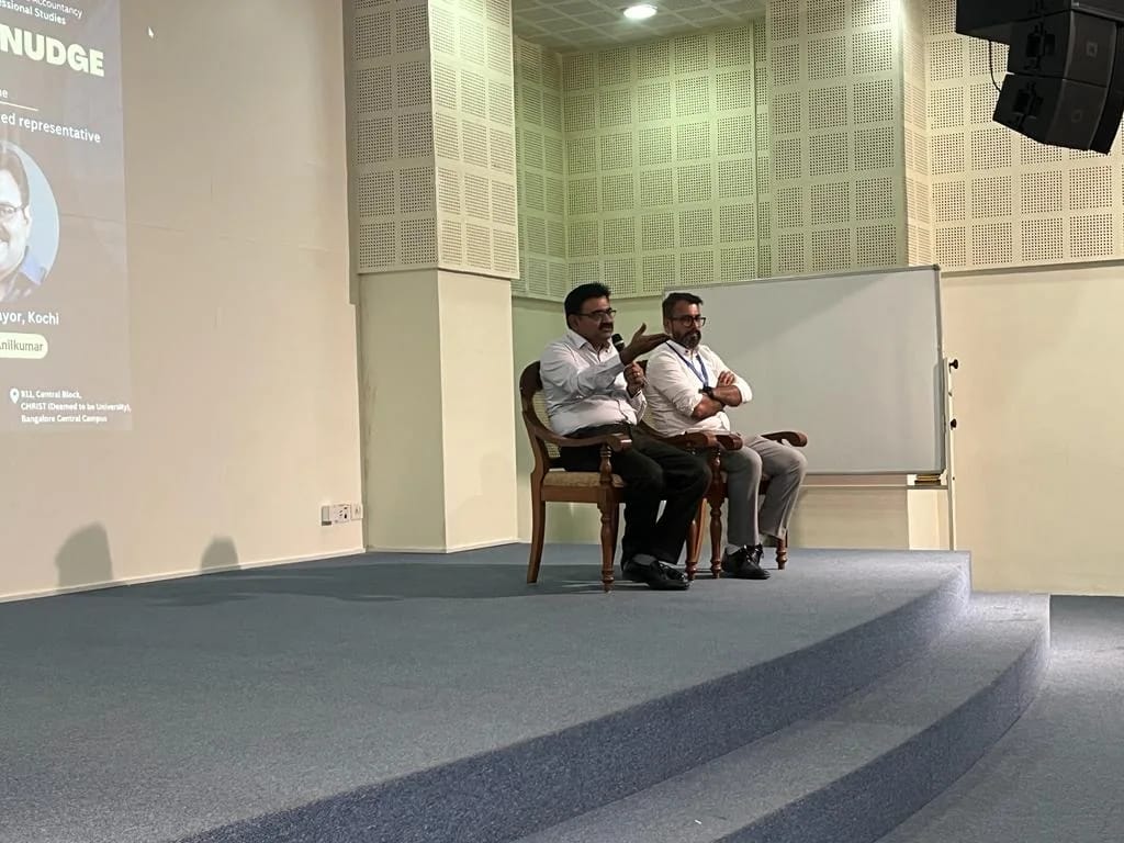 Kochi_Mayor's tweet photo. I was delighted and proud when I was invited to a programme run by the Department of Commerce at Christ University to speak on"Policy Nudge".This was a lecture on public administration and my political work. The talk series included a question-and-answer session with the students https://t.co/owwIXUBdYS
