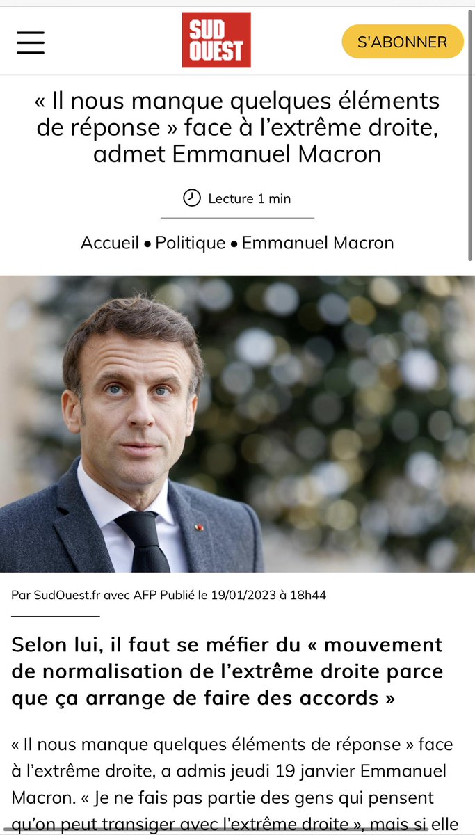 « je ne sais pas partie des gens qui pensent qu’on peut transiger avec l’extrême-droite » affirme <a href="/EmmanuelMacron/">Emmanuel Macron</a>. Le même qui demande une note à Zemmour sur l’immigration et utilise ses députés pour faire élire deux députés du RN à la vice-présidence de l’Assemblée Nationale.
