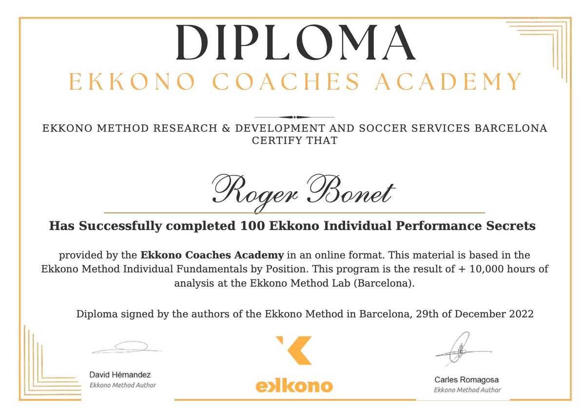 Last month I completed 100 Individual Fundamentals by Position provided by the Ekkono Coaches Academy. Really interesting course complemented with exercises to work on the different fundamentals and instructional clips from professional football. 

Thank you <a href="/ekkonomethod/">Ekkono Method ⚽️</a> 📚⚽️