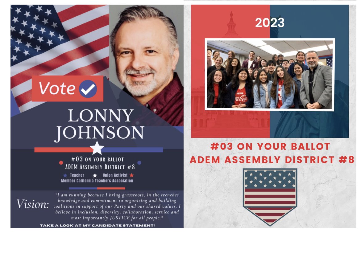 lonnygjohnson's tweet photo. Don’t forget ADEM voting is tomorrow starting at 10am at Democratic Headquarters in Fresno. If you are voting in Assembly District 8 please consider my candidacy. #adems @FresnoCountyDms @CA_Dem @FresnoYoungDems @WeAreCTA @CentralCALabor @cvppac @RC_Rising https://t.co/SNjE3iaQVH