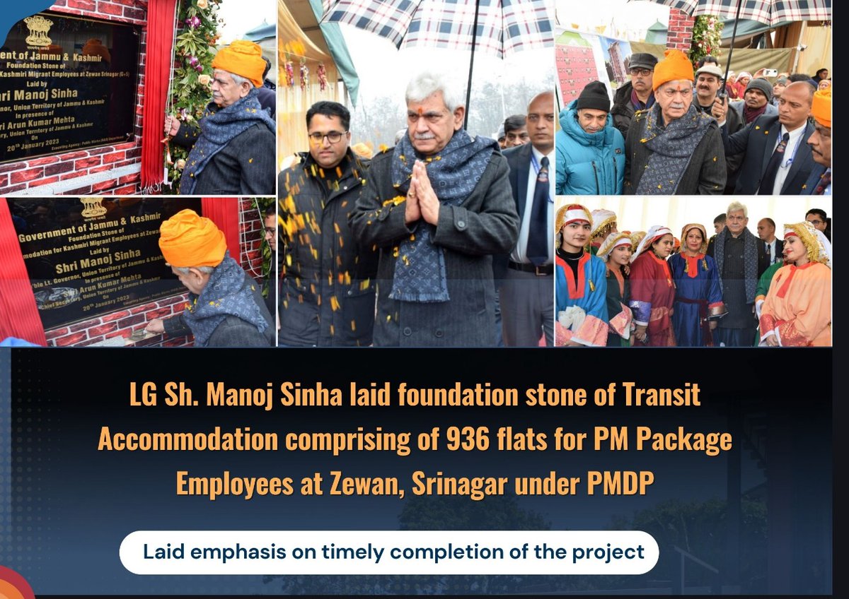 diprjk's tweet image. LG Sh. Manoj Sinha laid foundation stone of Transit Accommodation comprising of 936 flats for #PMPackageEmployees at Zewan, Srinagar under PMDP; laid emphasis on timely completion of the project.
@PMOIndia
@HMOIndia 
@OfficeOfLGJandK