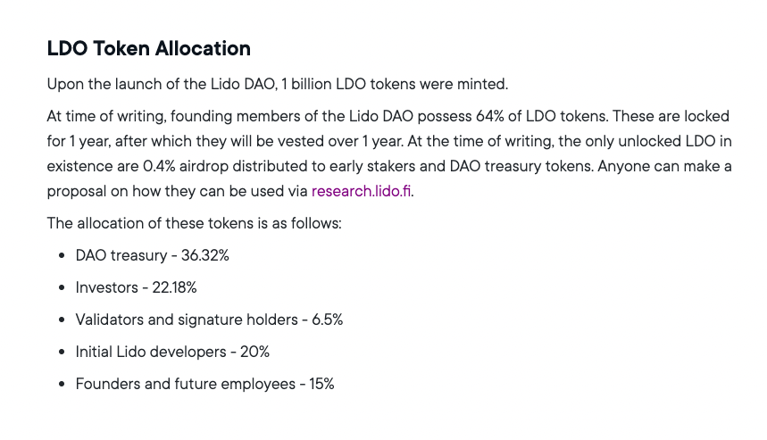 Lido is an insider-controlled protocol🫡🫡 

After the TGE (screenshot), 14% from the treasury is later sold to VCs in three proposals.

So the final makeup is:
VCs: 36%
Team: 35%
Validator companies: 6.5%
Treasury (controlled by 👆): 22%