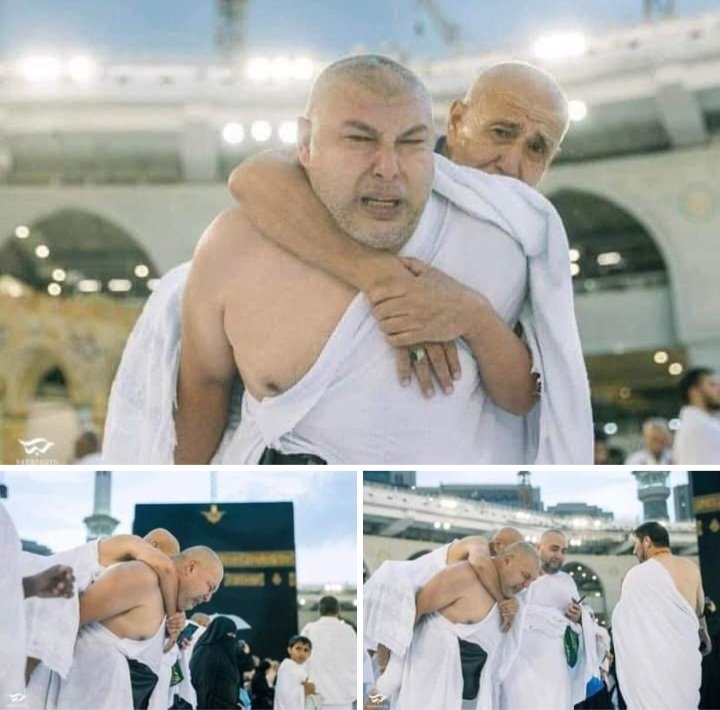 Umre için babasıyla Mekke'ye giden bir adam, dakikalarca babasını sırtında taşıyarak Kabe'yi tavaf etti.