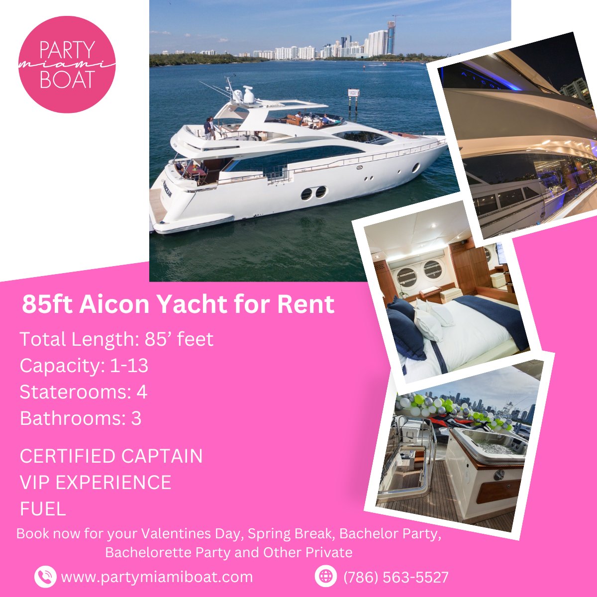 PartyMiamiBoat's tweet photo. 85ft Aicon Yacht for Rent
Total Length:  85’ feet
Capacity: 1-13
Staterooms: 4
Bathrooms: 3
Book now for your Valentines Day, Spring Break, Bachelor Party, Bachelorette Party and Other Private Charter Trip at https://t.co/2tnNmkn5Dn https://t.co/0EXJbgeZdy