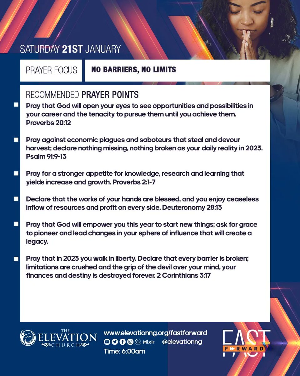 elevationng's tweet photo. This year, God will open your eyes to see opportunities and possibilities in your career and the tenacity to pursue them until you achieve them in Jesus’ name. Amen 🙏🏿 

It’s Day 18 of our 22-day prayer &amp; and fasting exercise themed 'Fast Forward', and here are your prayer points https://t.co/NEAg2ZKL7I