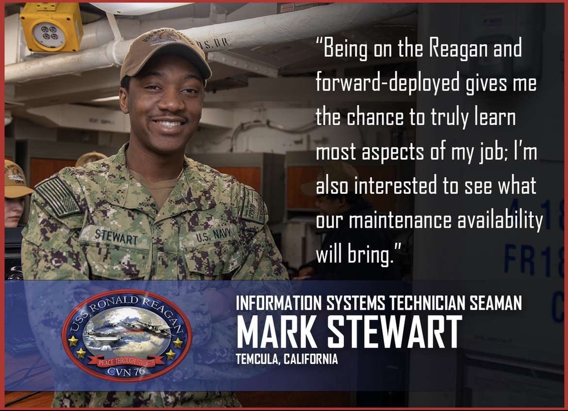 Gipper_76's tweet photo. Welcome one of our newest shipmates, ITSN Stewart, aboard the @USNavy’s only #FDNF carrier.
Graphic by MC3 George Cardenas. #WeAreReagan https://t.co/qxHySyioJL