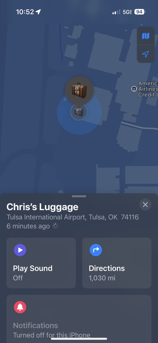 crpeck's tweet photo. @appleinsider Ever see anything like this? We were enroute from DFW->RIC (Origin was SNA). After landing in RIC a lot of us saw this when checking on our luggage AirTags, bags got to RIC fine. We did not land in Tulsa! https://t.co/l5KL8VgY00