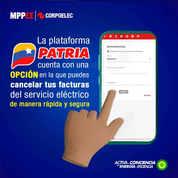 CorpoelecInfo's tweet photo. En #Corpoelec pagar tu factura, nunca fue más fácil por eso ponemos a tu disposición el pago por la @PlataformaPatri, para que lo realices de manera segura y confiable.

¡Usuario Solvente, Servicio Eficiente! https://t.co/GD9TE4Dxcm