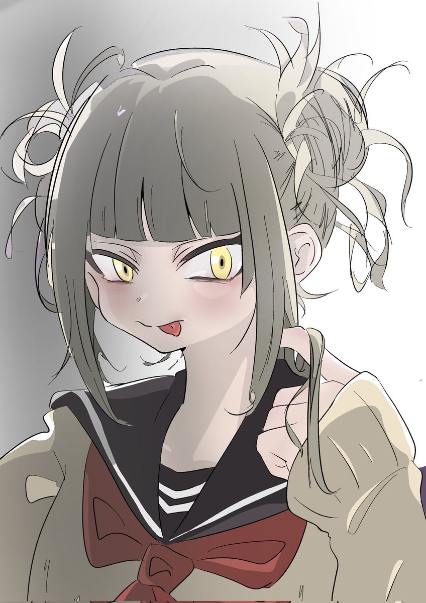 toga himiko 1girl solo tongue tongue out messy hair yellow eyes double bun  illustration images