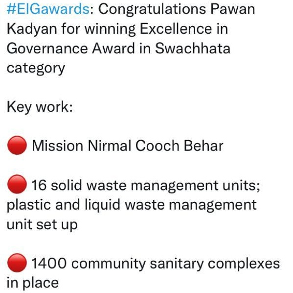 Pawan Kadyan 🇮🇳 (@pawankadyan) on Twitter photo The Excellence in Governance Award has been bestowed upon Cooch Behar District <a href="/DMCoochbehar/">DM CoochBehar</a>. Thank you <a href="/IndianExpress/">The Indian Express</a> 🙏🏻.
I convey my heartfelt gratitude to all seniors, team members and the people of Cooch Behar.
#WasteToWealth #Swachhata The Excellence in Governance Award has been bestowed upon Cooch Behar District <a href="/DMCoochbehar/">DM CoochBehar</a>. Thank you <a href="/IndianExpress/">The Indian Express</a> 🙏🏻.
I convey my heartfelt gratitude to all seniors, team members and the people of Cooch Behar.
#WasteToWealth #Swachhata