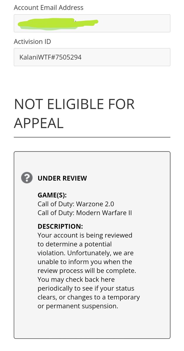 Pls, @ATVIAssist review my account. It is under review since last Tuesday. I am 41 years old player who have been playing your game from Cod2. I never used cheats (my Caldera KD is about 1.2). 
 
I can't wait to play again!🙏

kalaniWTF#7505294

#Warzone2 #warzone #WarzoneReport