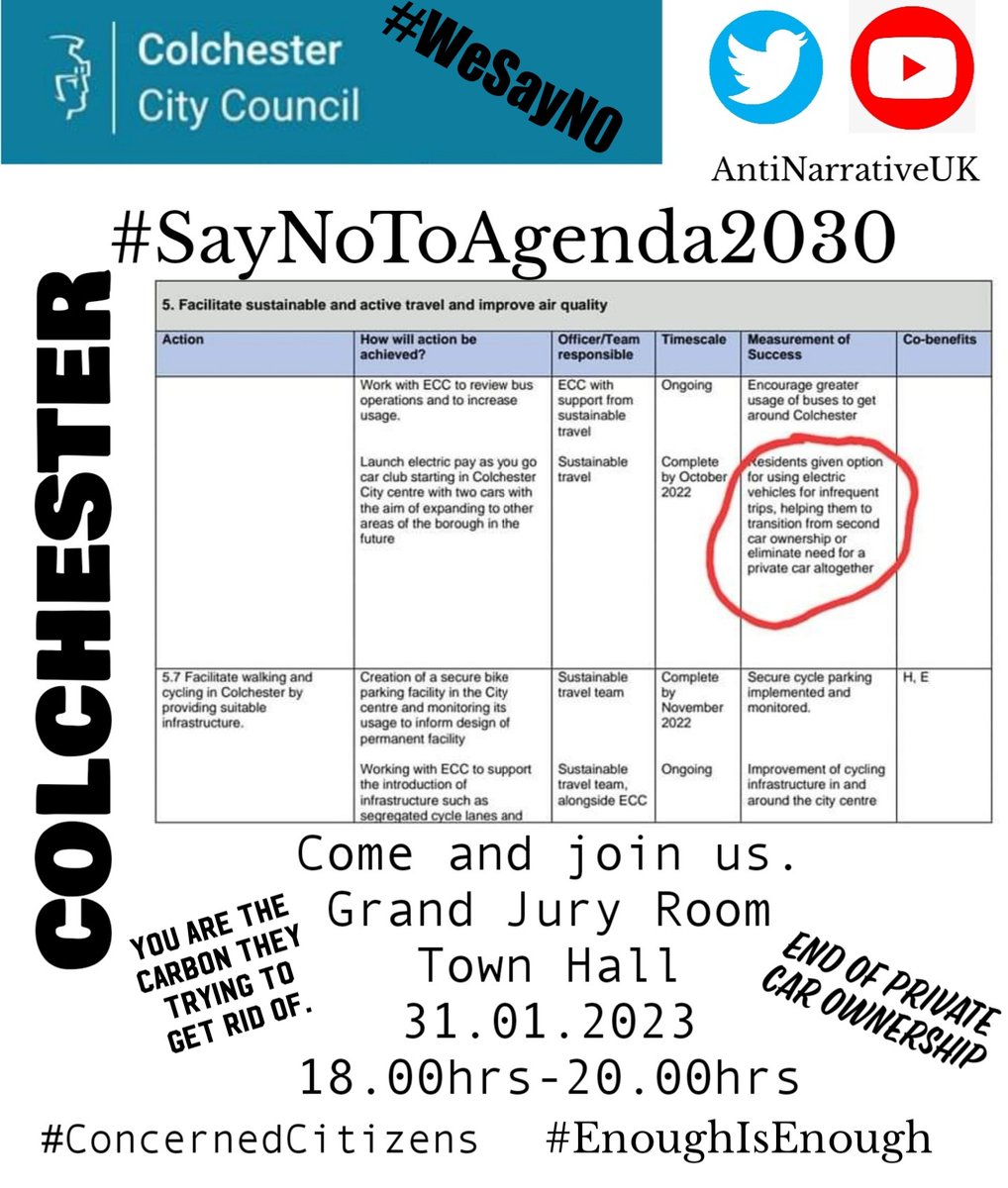 Time is fast approaching. Colchester Borough Council want to get rid of private cars, we MUST go and tell them how we feel about this. 
Come and join us. 
Remember while they will be taking our cars away, they will continue using their own cars.
#Essex #WeSayNo 
#Colchester