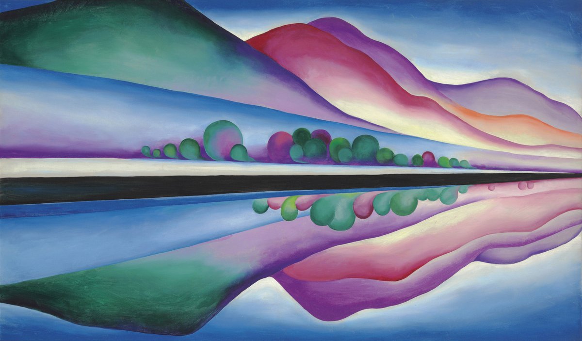 💜Lake George Reflection is a meditation on the sublime, building upon the tradition of the 19th century Hudson River School artists who sought to capture the drama and beauty of landscape surrounding Lake George📘 @christiesinc 
Lake George Reflection, Georgia O'Keeffe 1921-22 #