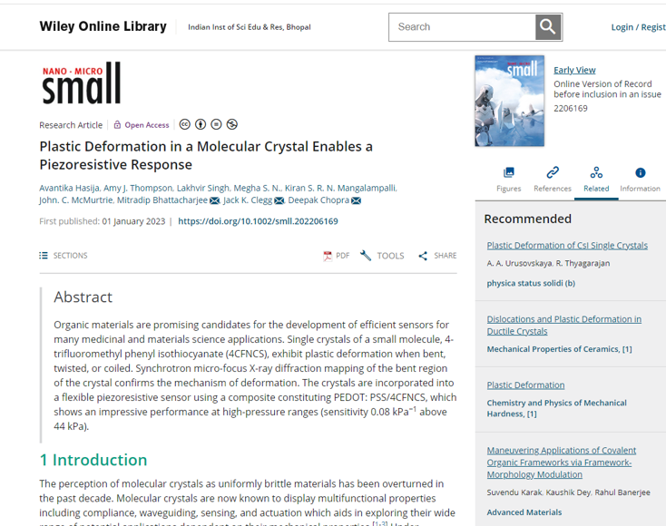 We are glad to inform that Prof Deepak Chopra’s work, in collaboration with Dr Mitradip Bhattacharjee and Prof. Jack Clegg, on a flexible piezoresistive sensor which was recently published in Small, got widespread media attention across India. @CCCL_Chopra <a href="/mitradipB/">Mitradip Bhattacharjee</a> <a href="/JackKClegg/">Jack Clegg</a>