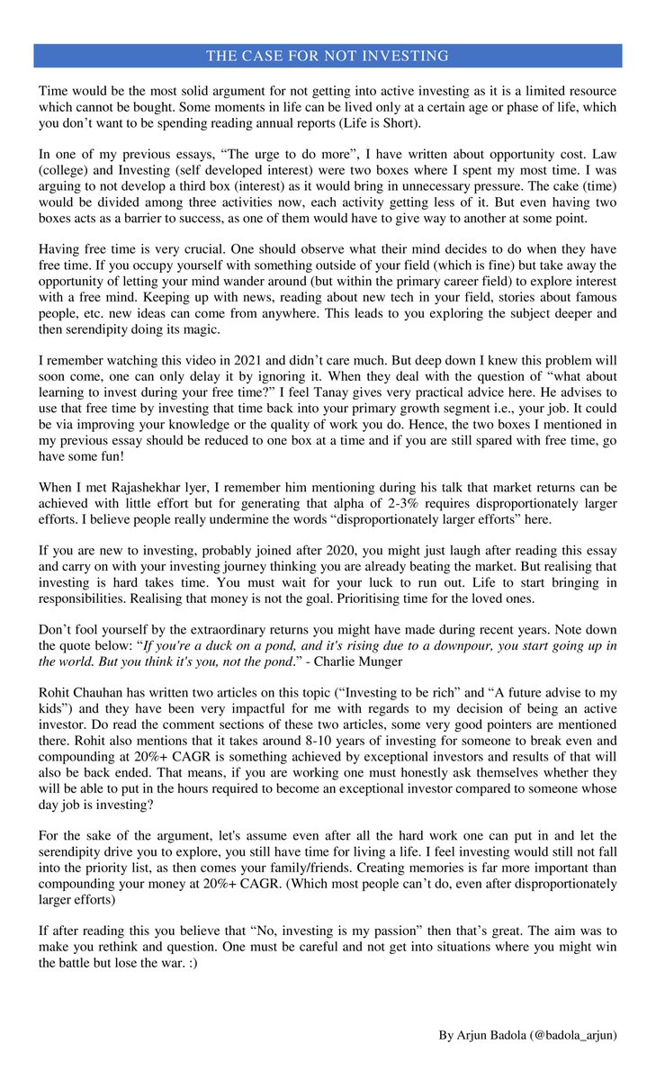 badola_arjun's tweet image. New post: &quot;The case for NOT investing&quot;

I try to bring in a perspective why to NOT do active investing along with your job or early young life.

Link: arjunbadola.blog/The-case-for-n…