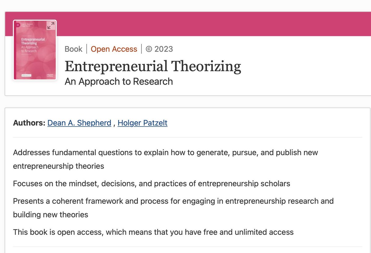 LorenzoSkade's tweet photo. This new book by Dean A. Shepherd and Holger Patzelt looks like a great resource for #entrepreneurship researchers: "Entrepreneurial Theorizing - An Approach to Research" is available OPEN ACCESS here 👉🏾 https://t.co/ZA26kSx8se 
@EntasPractice @ENT_Div_AoM https://t.co/ezuHIHEDgu