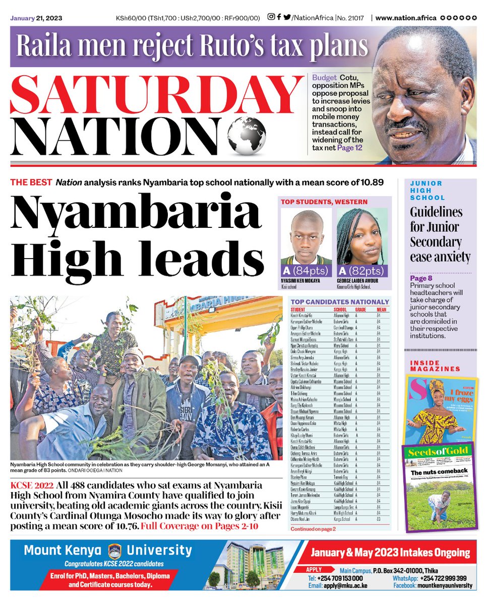 ntvkenya's tweet photo. #SaturdayNation has covered the #KCSE2022 performance extensively, region by region.
Grab a copy or visit https://t.co/XVV1L3bAO4 to see how your region fared! https://t.co/OJXq7xjgkJ