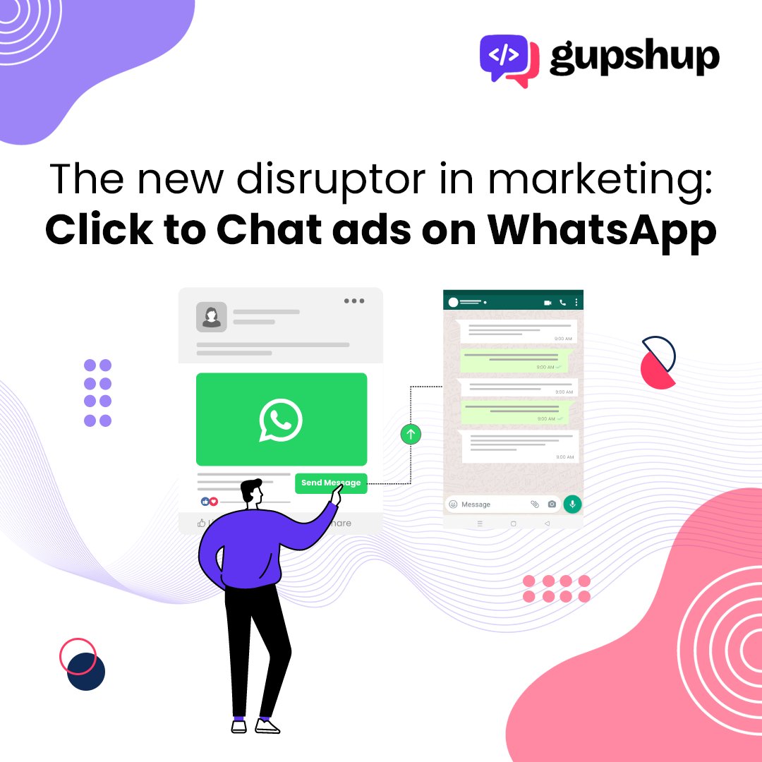 gupshup's tweet image. Read why Click to Chat ads on WhatsApp are a ‘must have’ in your marketing portfolio. Link here bit.ly/3Wi8Idh
#ConversationalMarketing #WhatsApp #BusinessAPI #WhatsApp Commerce