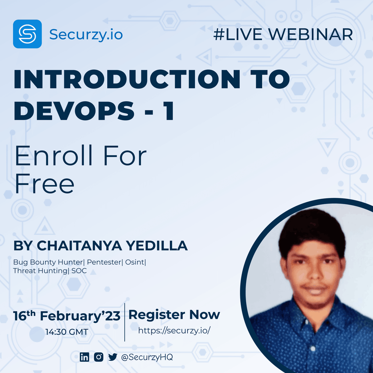 SecurzyHQ's tweet image. Join us for a live webinar on Introduction to DevOps by Chaitanya yedilla! Learn about the latest tools and best practices for building and maintaining reliable software systems. Register now at securzy.io/webinar/introd…! #DevOps #Webinar #IntroductionToDevOps #Securzy