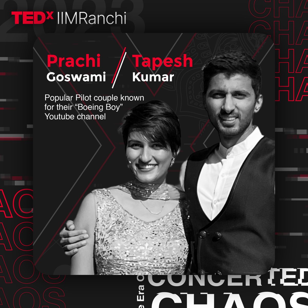 TEDxIIMRanchi's tweet photo. TEDxIIMRanchi warmly welcomes Tapesh Kumar and Prachi Goswami, a popular pilot couple known for their YouTube channel Boeing Boy, for its 9th edition and is excited to hear their views on ‘The Era of Concerted Chaos’. 

#TEDxIIMRanchi #IIMRanchi #TheEraofConcertedChaos https://t.co/8QXGu6XHCj